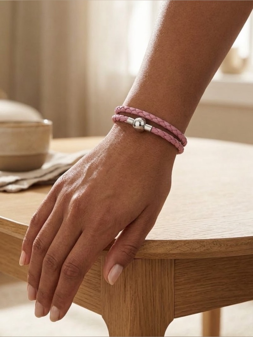 Linx Pink Double Wrap Braided Leather Bolo Cord Bracelet Magnetic Clasp